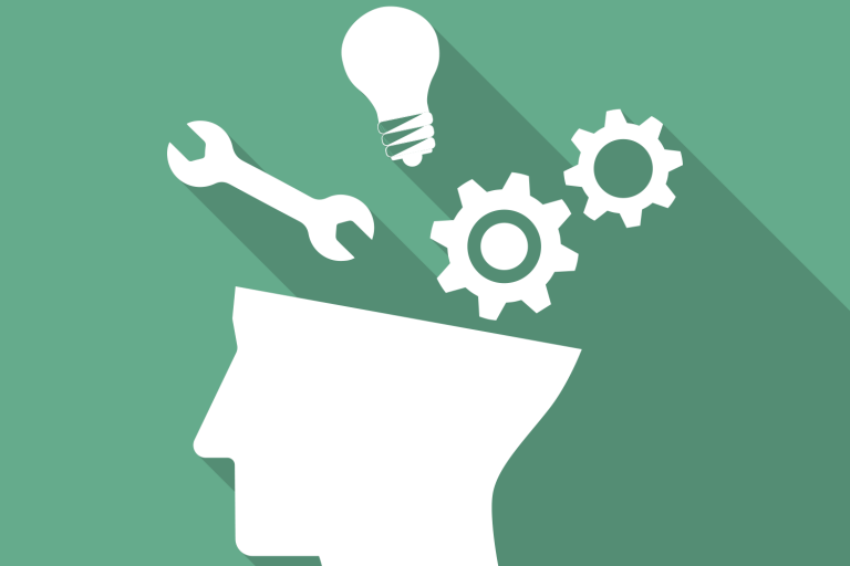 An illustration of experience, showing a head with gears, light bulb, and wrench