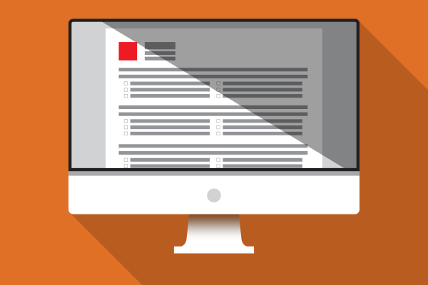 A simple illustration of a desktop computer displaying an exam on its screen.