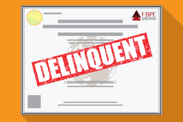 Delinquent PE license An illustration of a Professional Engineer license with "delinquent" stamped on it.