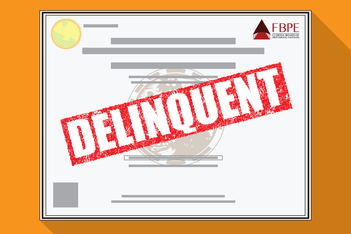 An illustration of a Professional Engineer license with "delinquent" stamped on it.