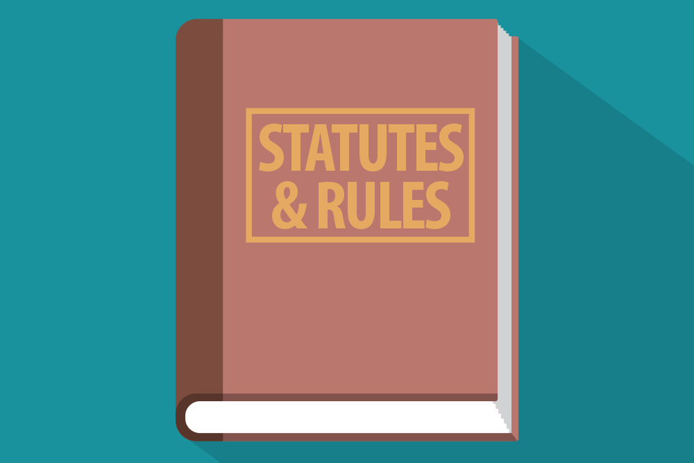 Illustration of a book titled "Statutes and Rules"