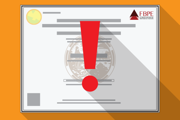 An red exclamation point imposed on a Florida PE license signifying an alert.