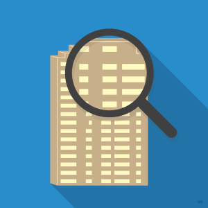 Threshold Building Inspector illustration with a magnifying glass examining a high-rise building