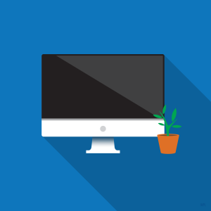 Illustration of working remotely, with a desktop computer and a potted plant