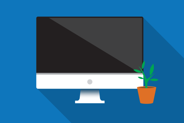 Illustration of working remotely, with a desktop computer and a potted plant