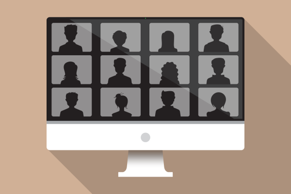 An illustration of a computer during a virtual meeting.