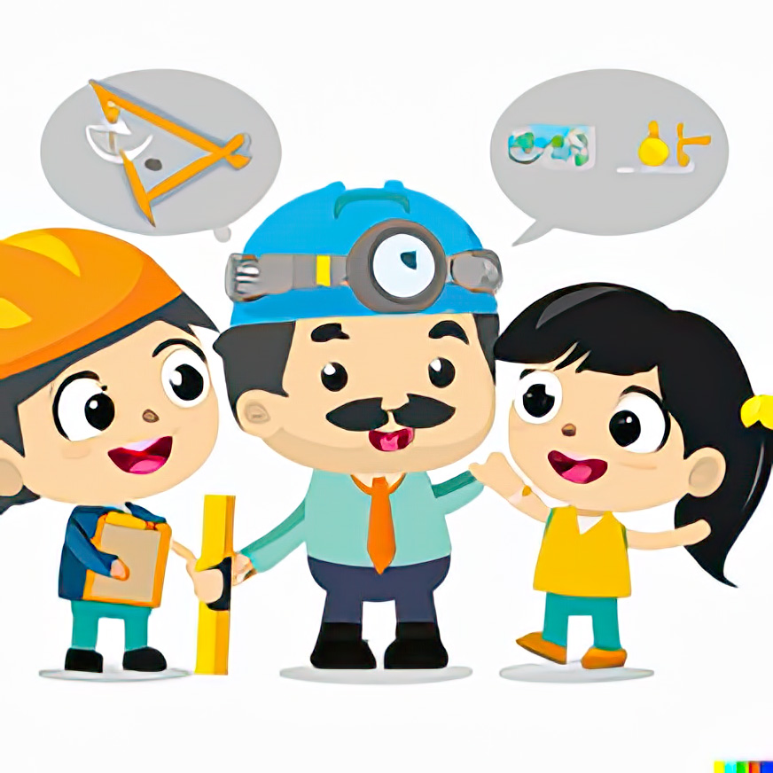 A cartoon of an engineer and two children created by DALL*E 2