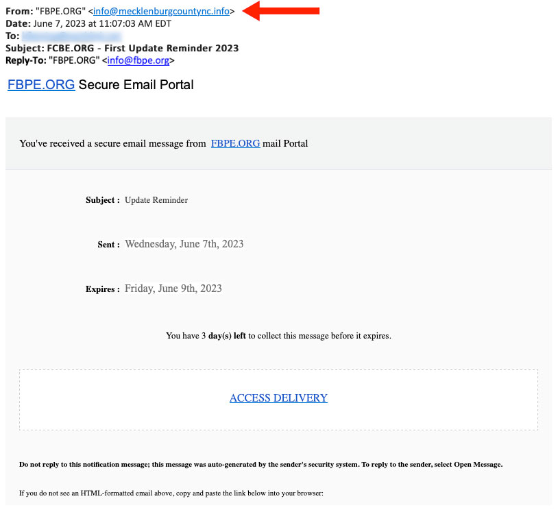 Phishing email example