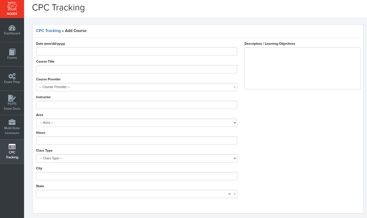 NCEES CPC Tracking screen