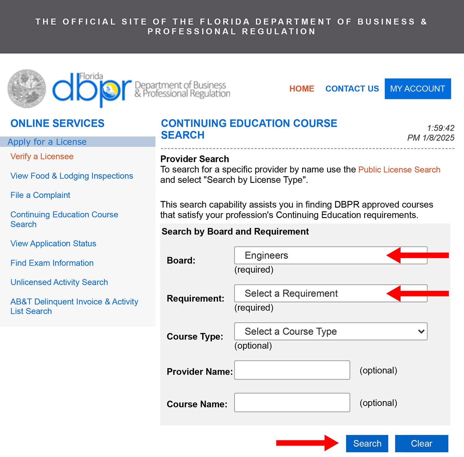 DBPR continuing education search